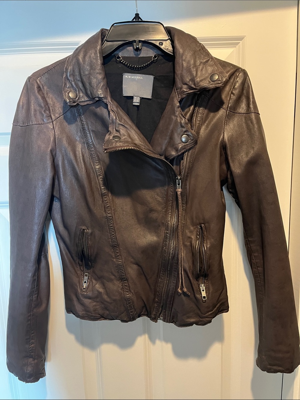 New wo tags - Dark Brown real Leather Moto Jacket - Women's
